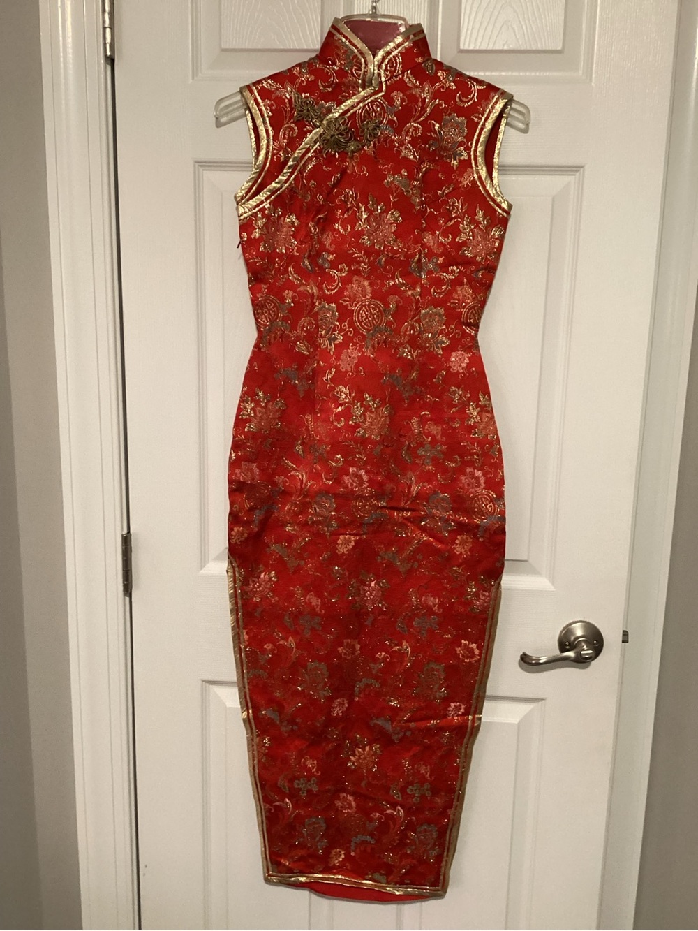 Red Silk Brocade Mandarin Collar Sheath Dress with Gold Embellishment